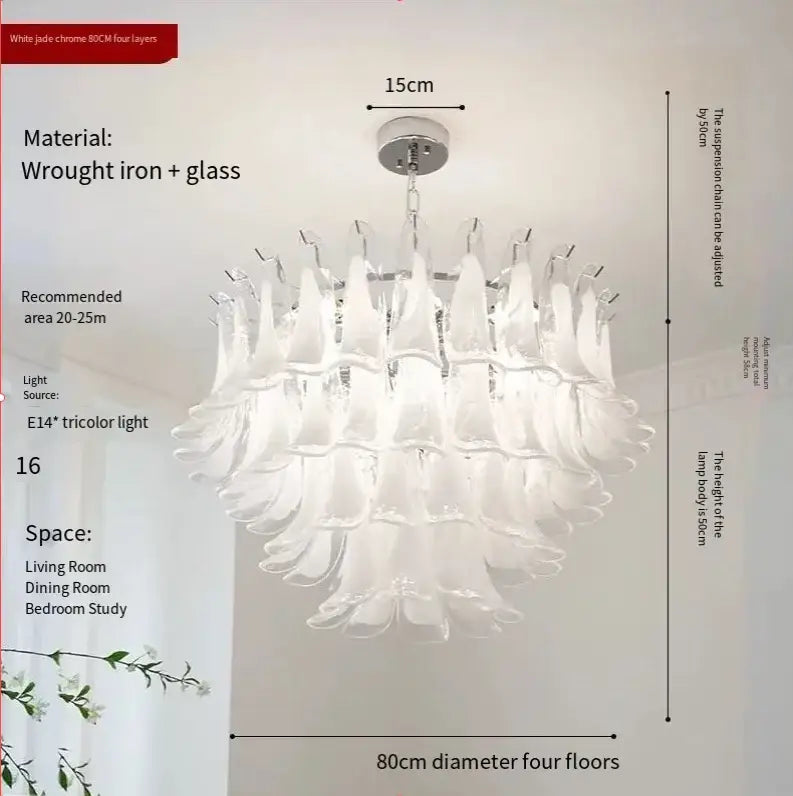 Elegant white glass petal chandelier with white jade chrome finish and four layers made of wrought iron and glass decorbites elegant crystal