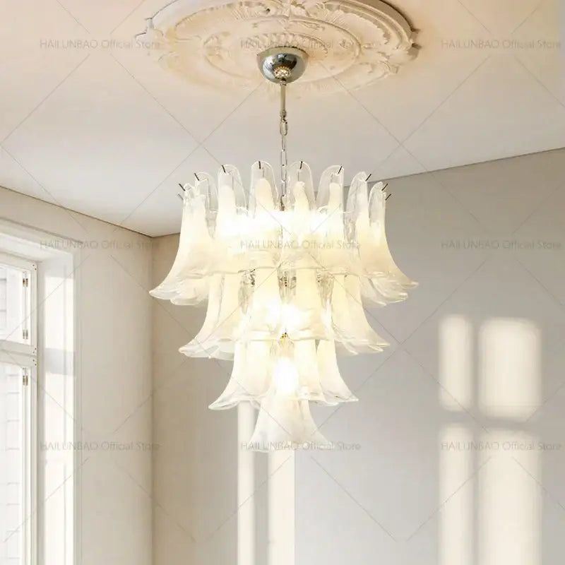 Elegant white glass petal chandelier with layered shades and polished chrome fixture by decorbites elegant crystal