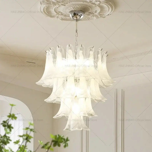 Elegant white glass petal chandelier with layered shades and polished chrome fixture by decorbites elegant crystal