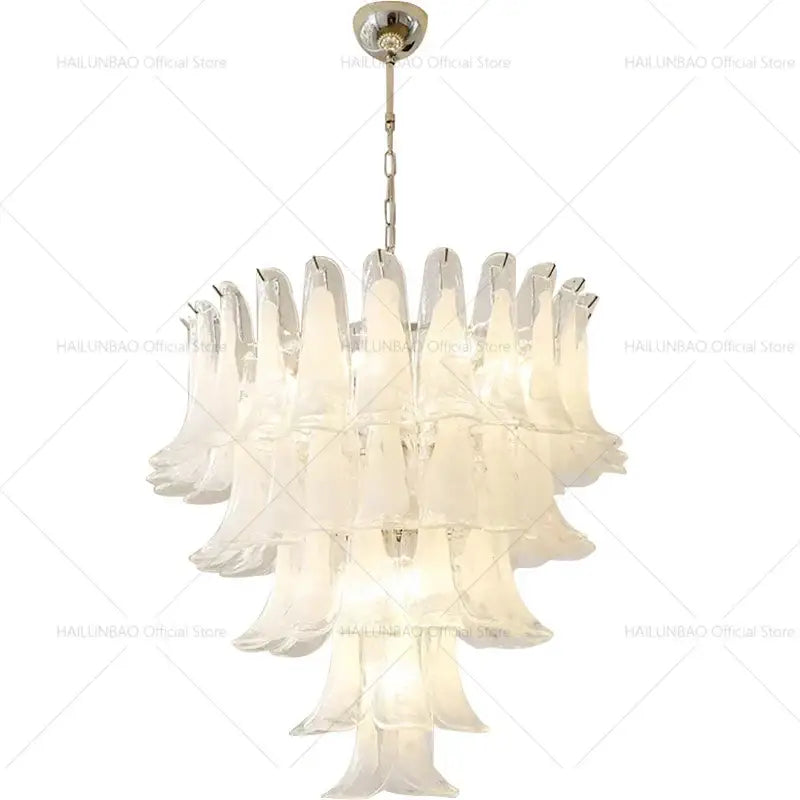 Elegant white glass petal chandelier with frosted cascading design for staircase by decorbites elegant crystal
