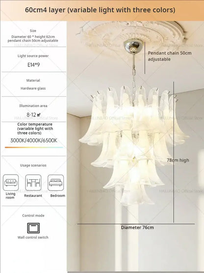 Elegant crystal chandelier by decorbites featuring multi-tiered translucent white glass petal shades for staircase decor