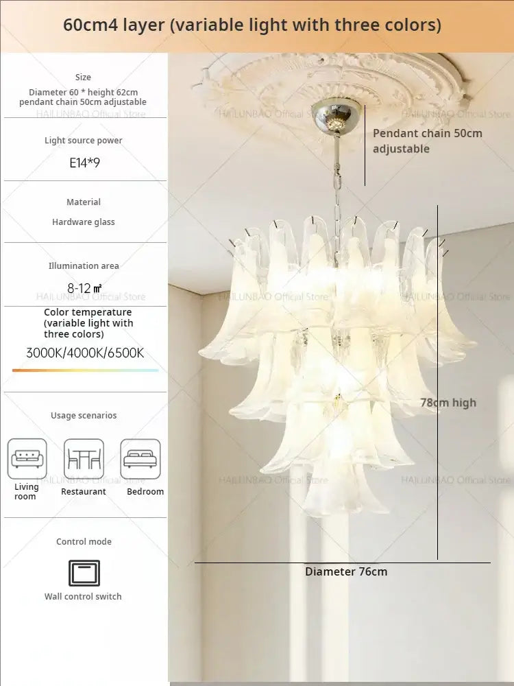Elegant crystal chandelier by decorbites featuring multi-tiered translucent white glass petal shades for staircase decor