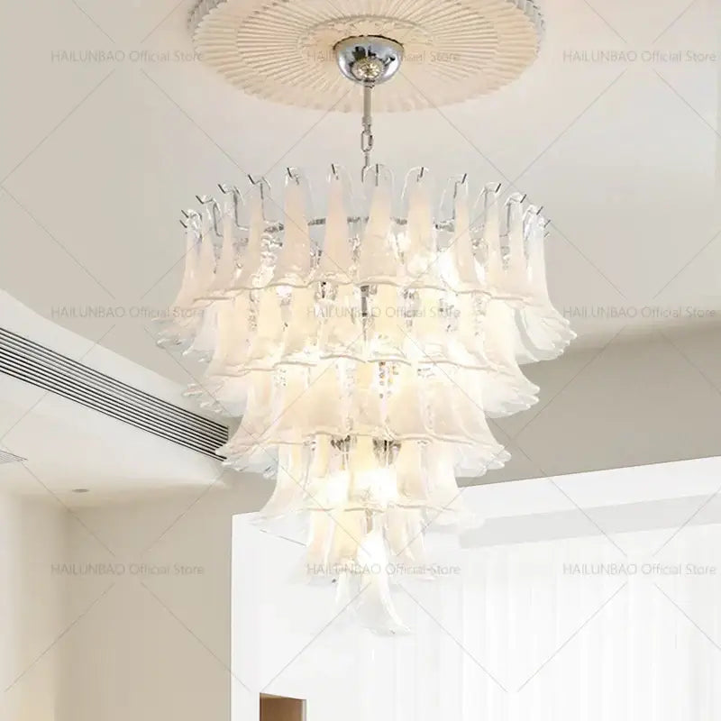 Elegant white glass petal chandelier with translucent tiers and polished chrome finish by decorbites elegant crystal