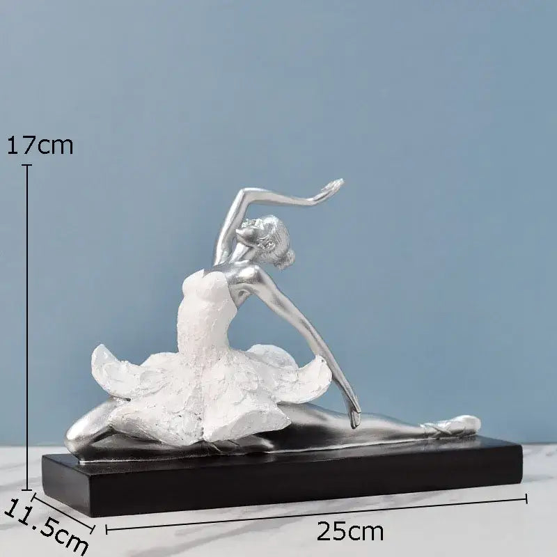 Elegant white and gold ballet dancer resin sculpture with a silver figurine, white tutu, and black base for bedroom decor