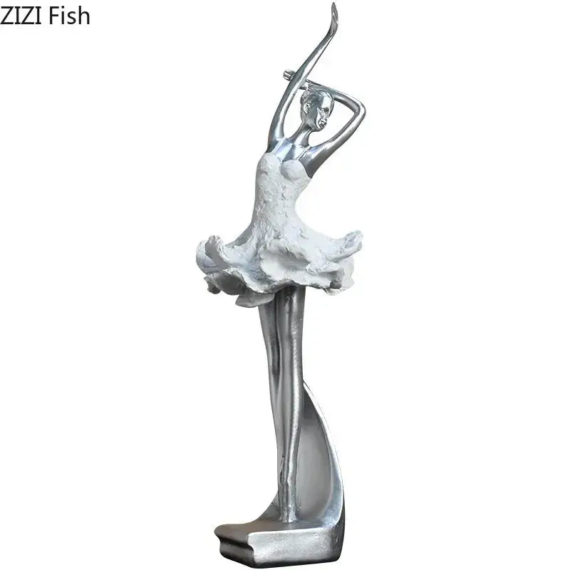 Elegant white and gold ballet dancer resin sculpture with flowing tutu and elegant pose for bedroom decor
