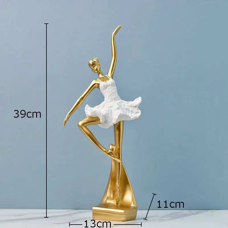 Elegant white and gold ballet dancer resin sculpture with textured tutu and sleek metallic finish for bedroom decor