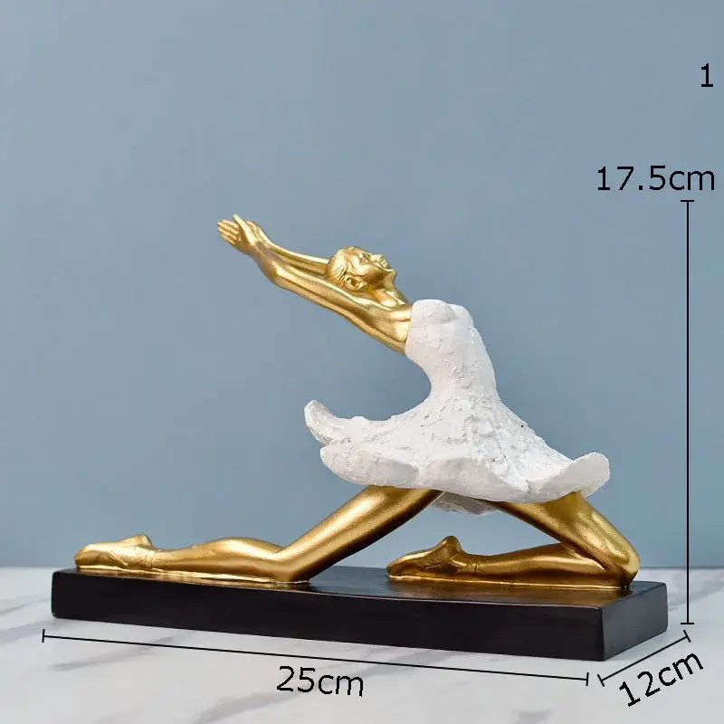 Elegant white and gold ballet dancer resin sculpture with textured skirt on black base for bedroom or desk decor