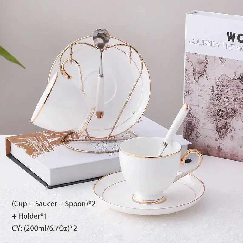 Elegant white and gold bone china coffee set with teacup saucer spoon in decorative golden wire holder