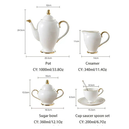 Elegant white and gold bone china coffee set with teapot creamer sugar bowl and cup saucer spoon for dining room use