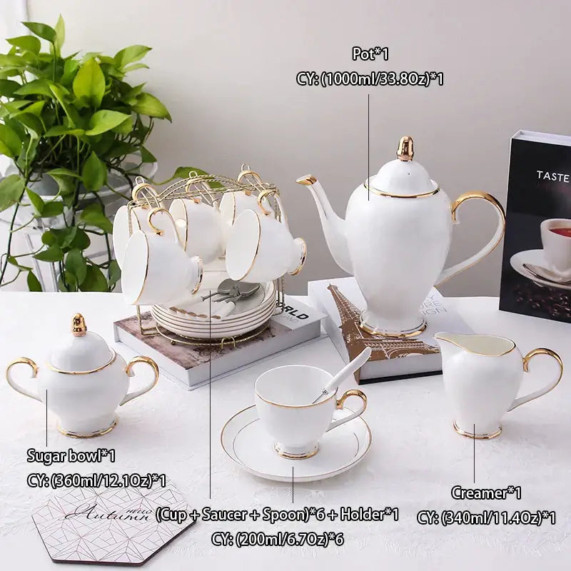 Elegant white and gold bone china coffee set with classic design for dining room and porcelain tea use