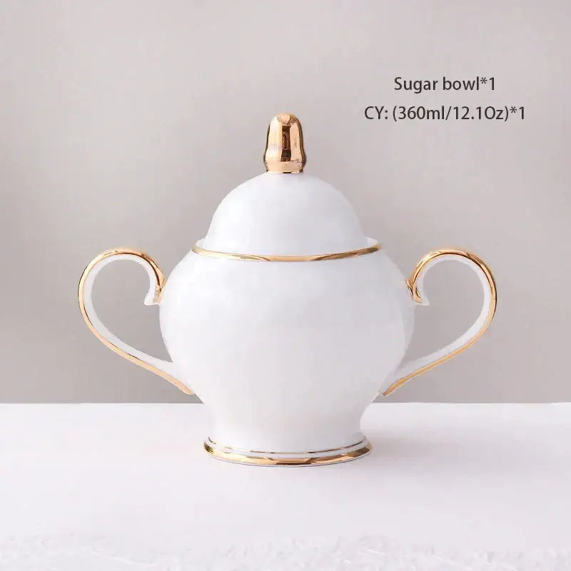 Elegant white and gold bone china coffee set sugar bowl with gold-trimmed handles lid knob and base porcelain tea set