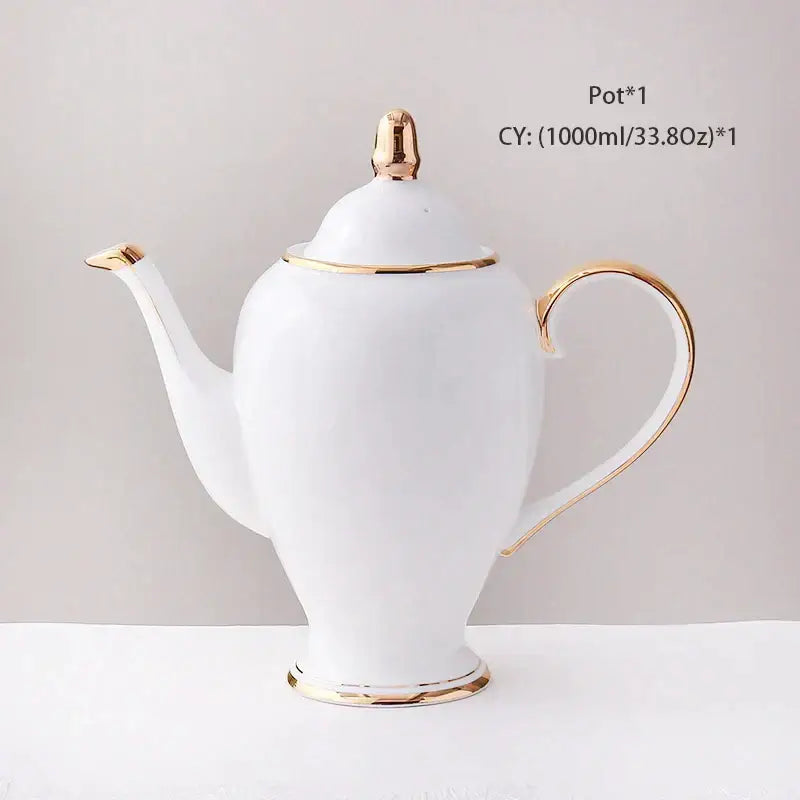 Elegant white bone china coffee set teapot with gold-trimmed lid spout handle and base for dining room use