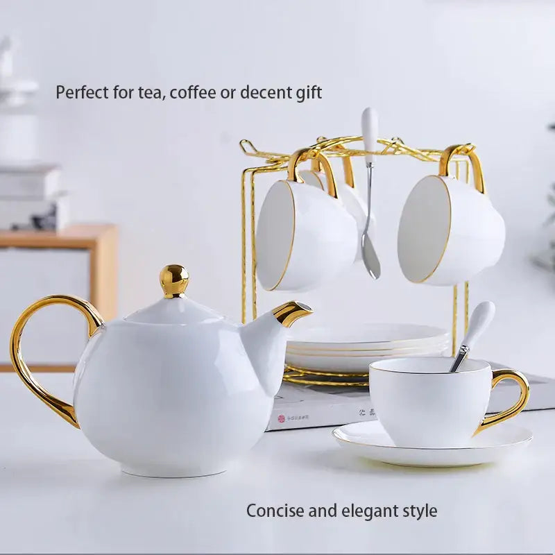 Elegant white and gold bone china teapot with gold accents and matching lid knob from decorbites elegant tea set