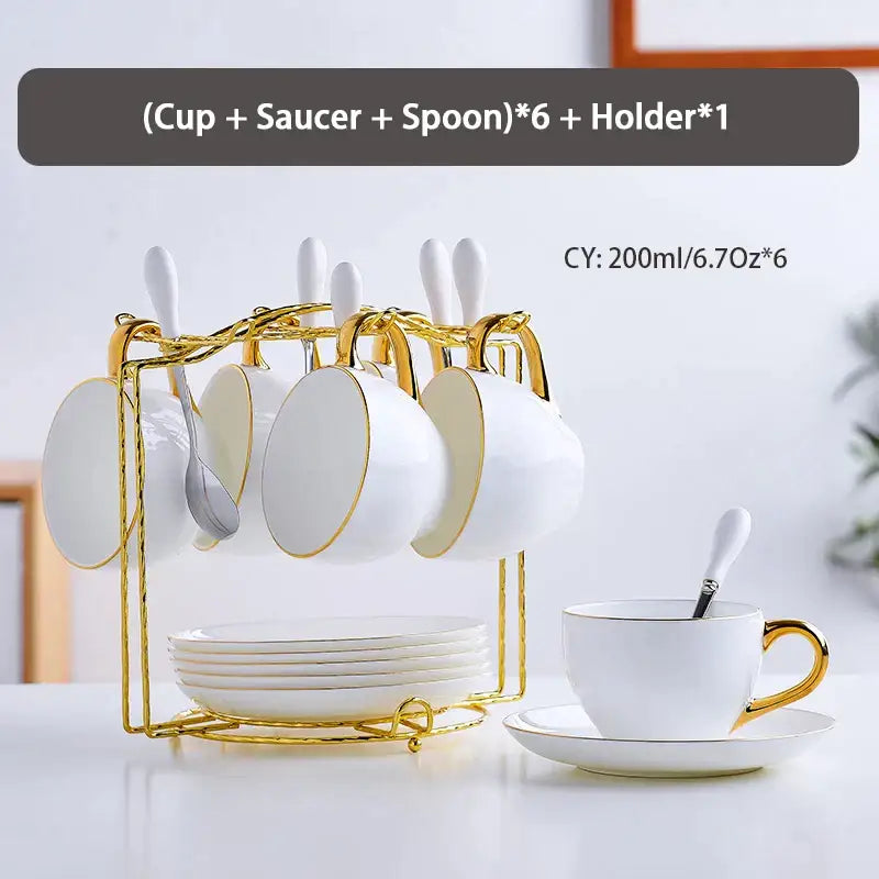 Elegant white and gold bone china tea set with porcelain teacups on a golden stand by decorbites elegant bone