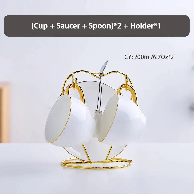 Elegant white and gold bone china tea set with cups saucers and spoons on gold metal holder by decorbites elegant bone