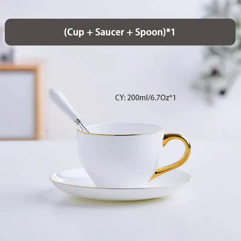 Elegant white and gold bone china tea set featuring a ceramic teacup with gold rim and handle by decorbites elegant bone