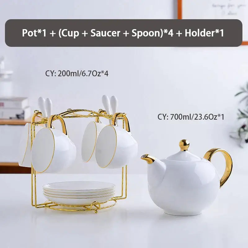 Elegant white and gold bone china teapot with gold accents and handle from decorbites elegant tea set collection