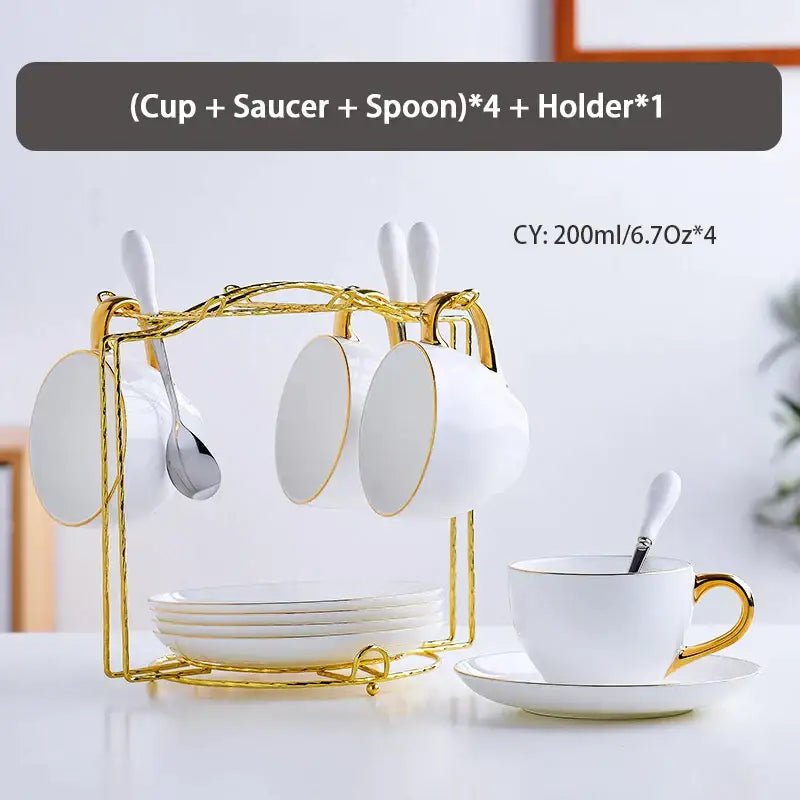 Elegant white and gold bone china tea set with ceramic teacups, matching saucers, and spoons by decorbites elegant