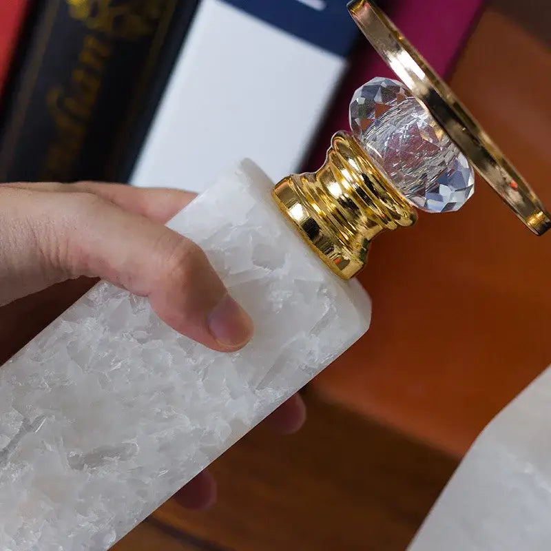 Elegant white and gold marble candle holder with crystal beads and polished brass base for decorbites gold marble decor
