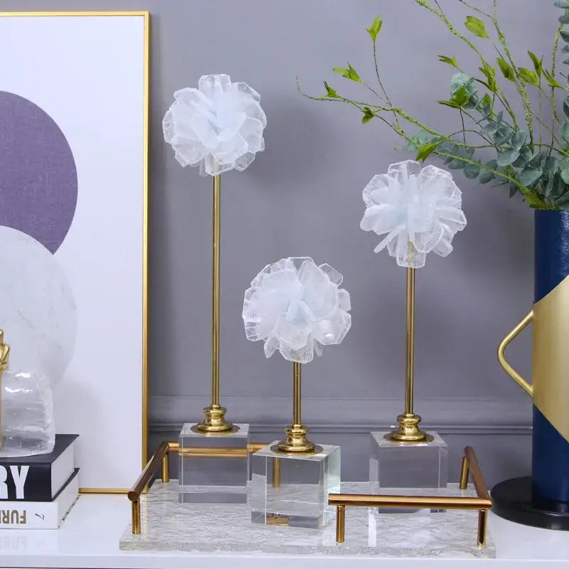 Elegant white organza flower glass craft sculpture on gold stems with clear bases for living room decor