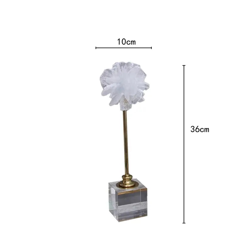 Elegant white organza flower glass craft hyalinite sculpture with translucent petals on brass stem and acrylic base