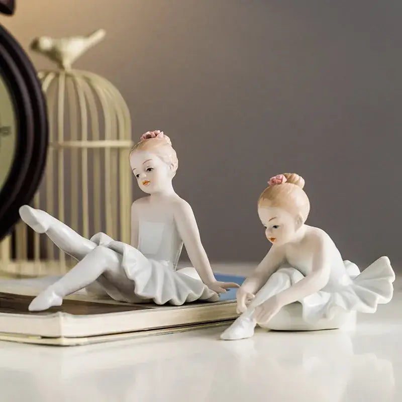 Elegant white porcelain ballet girl figurine set with pink hair accessories and detailed tutus for bedroom decor
