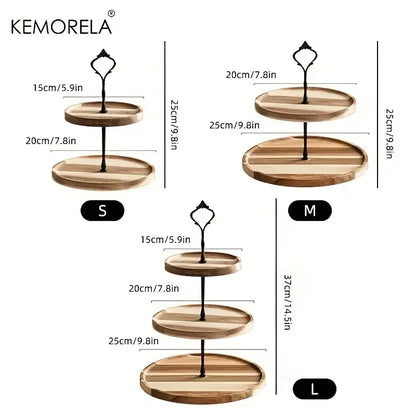 Kemorela three-tier wooden dried fruit tray with black metal support and ornate handle for elegant dessert display
