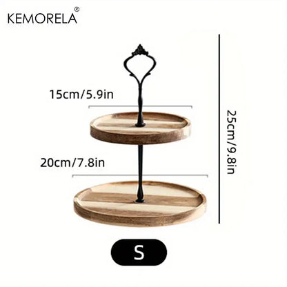 Kemorela two-tier wooden dried fruit tray with black wrought iron stand and ornate handle for dining room desserts