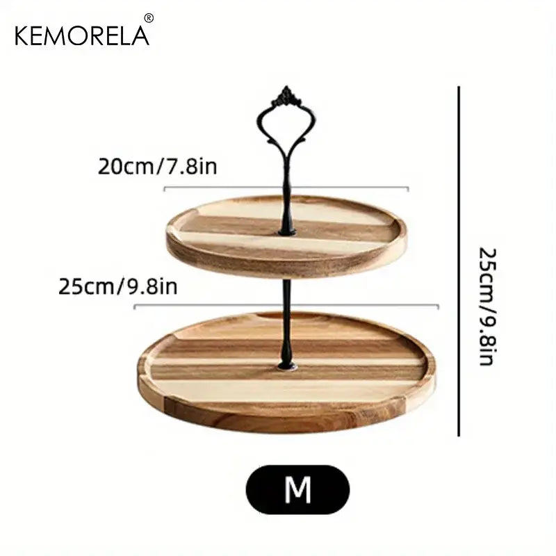 Kemorela two-tier wooden dried fruit tray with black metal stand and ornate handle for elegant dining display