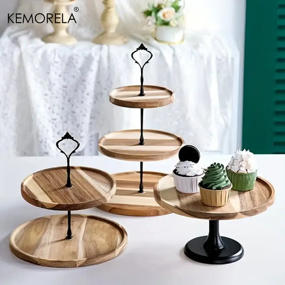 Set of three tiered wooden dried fruit trays with black metal handles and bases for elegant dessert display