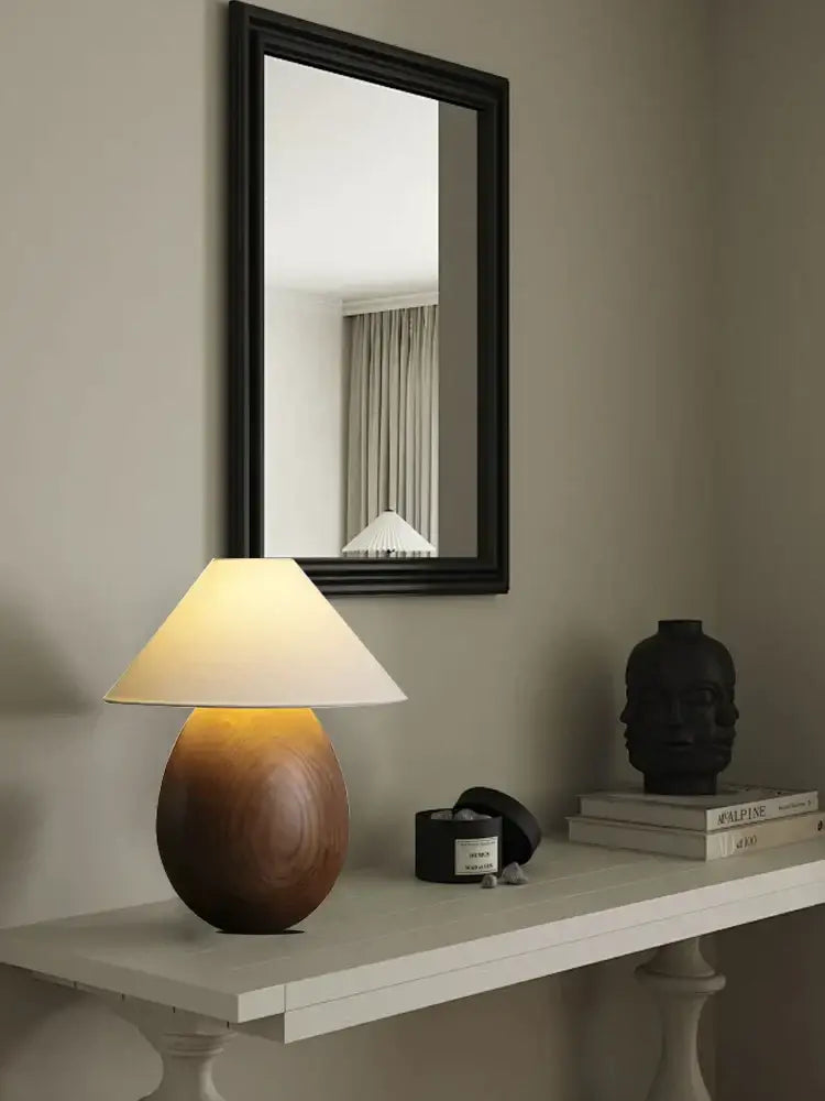 Warm-toned decorbites elegant wood table lamp with cream fabric shade ideal for bedroom decor and lighting