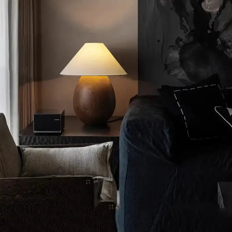 Warm-toned decorbites elegant wood table lamp with soft off-white fabric shade for bedroom decor