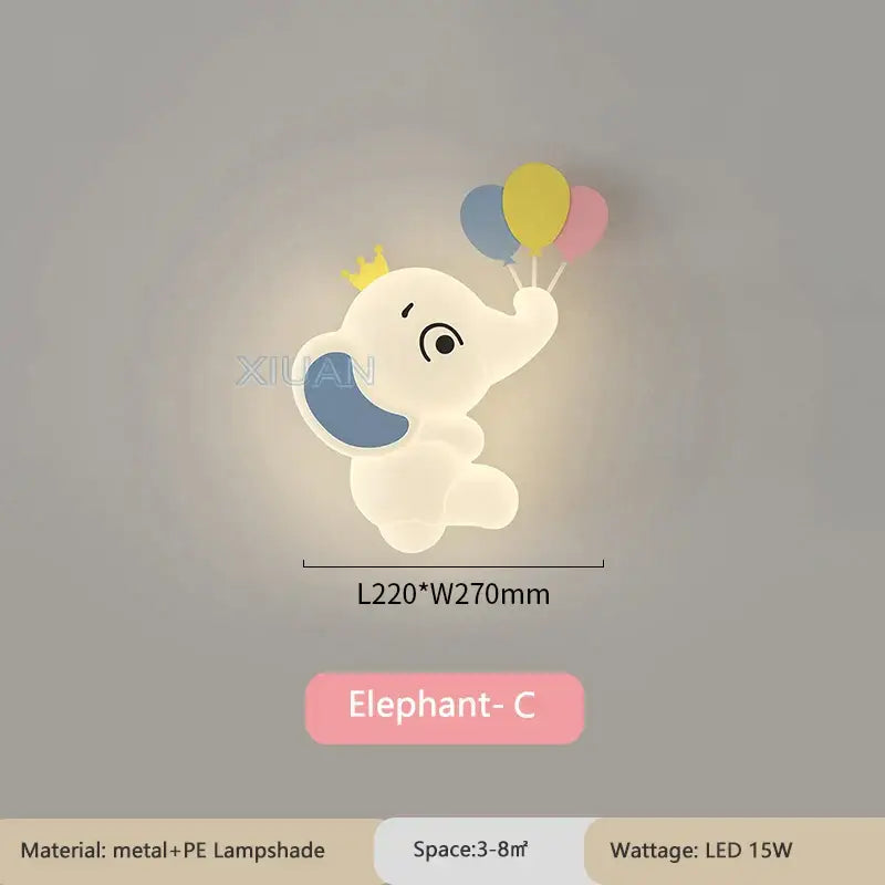 Cute white elephant-shaped led cartoon wall light with blue ear crown and colorful balloons for baby room