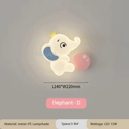 Cute white elephant cartoon wall light with blue ear yellow crown holding pink bubble for baby room wall light