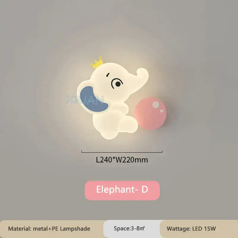 Cute white elephant cartoon wall light with blue ear yellow crown holding pink bubble for baby room wall light