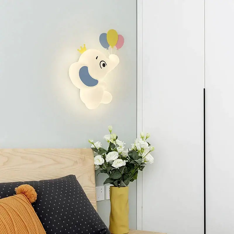 Cute white elephant cartoon wall light with blue accents and colorful balloons for baby room pe lampshade