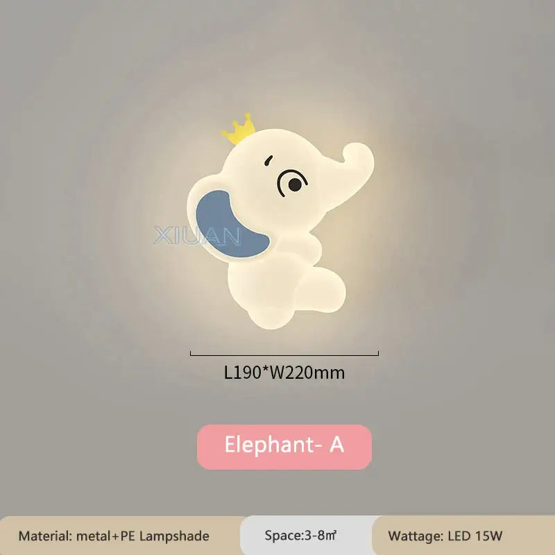 Cute white elephant cartoon wall light with yellow crown blue ear metal and pe lampshade for baby room wall light