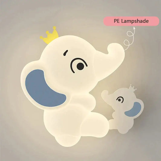 Cute white elephant cartoon wall light with blue ears yellow crown made of pe for baby room decor