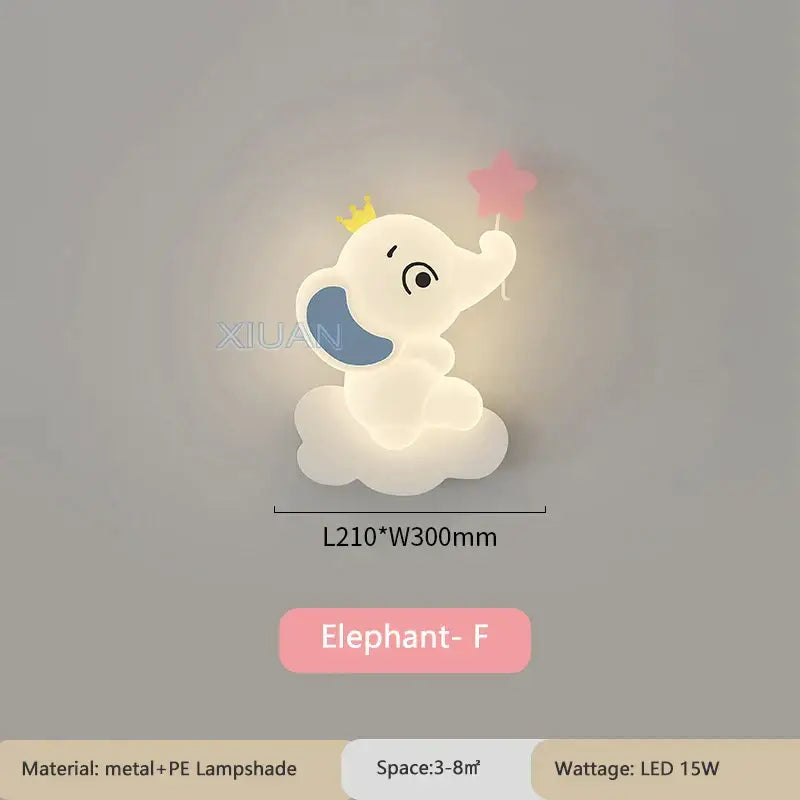 Cute white elephant cartoon wall light with blue ear yellow crown and pink star for baby room decoration