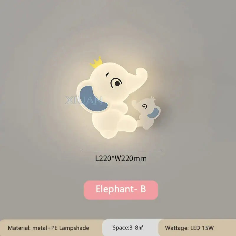 Cute white elephant cartoon wall light with blue ears and yellow crown featuring adult holding baby for baby room