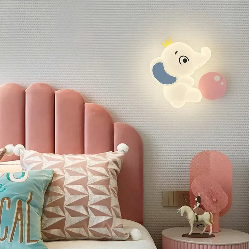 Elephant cartoon wall light with white body blue ear and yellow crown soft glowing pe lampshade for baby room