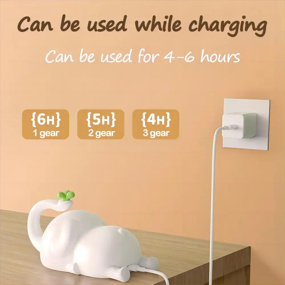 White plastic cat-shaped phone charger with green leaf detail accompanying decorbites elephant silicone night light bedroom decor