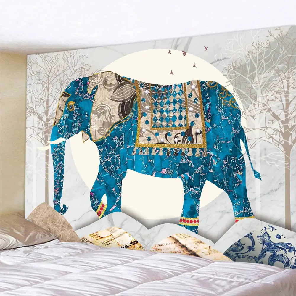 A vibrant blue elephant tarot psychedelic tapestry with intricate gold patterns and decorative saddle for yoga decorbites