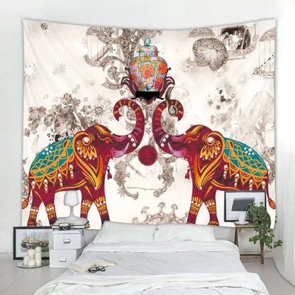 Vibrant elephant tarot psychedelic tapestry in red and teal with gold detailing for yoga room wall decor by decorbites