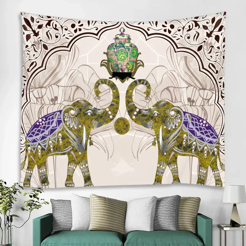 A decorative elephant tarot psychedelic tapestry with green and purple elephants under an arch for yoga room decorbites