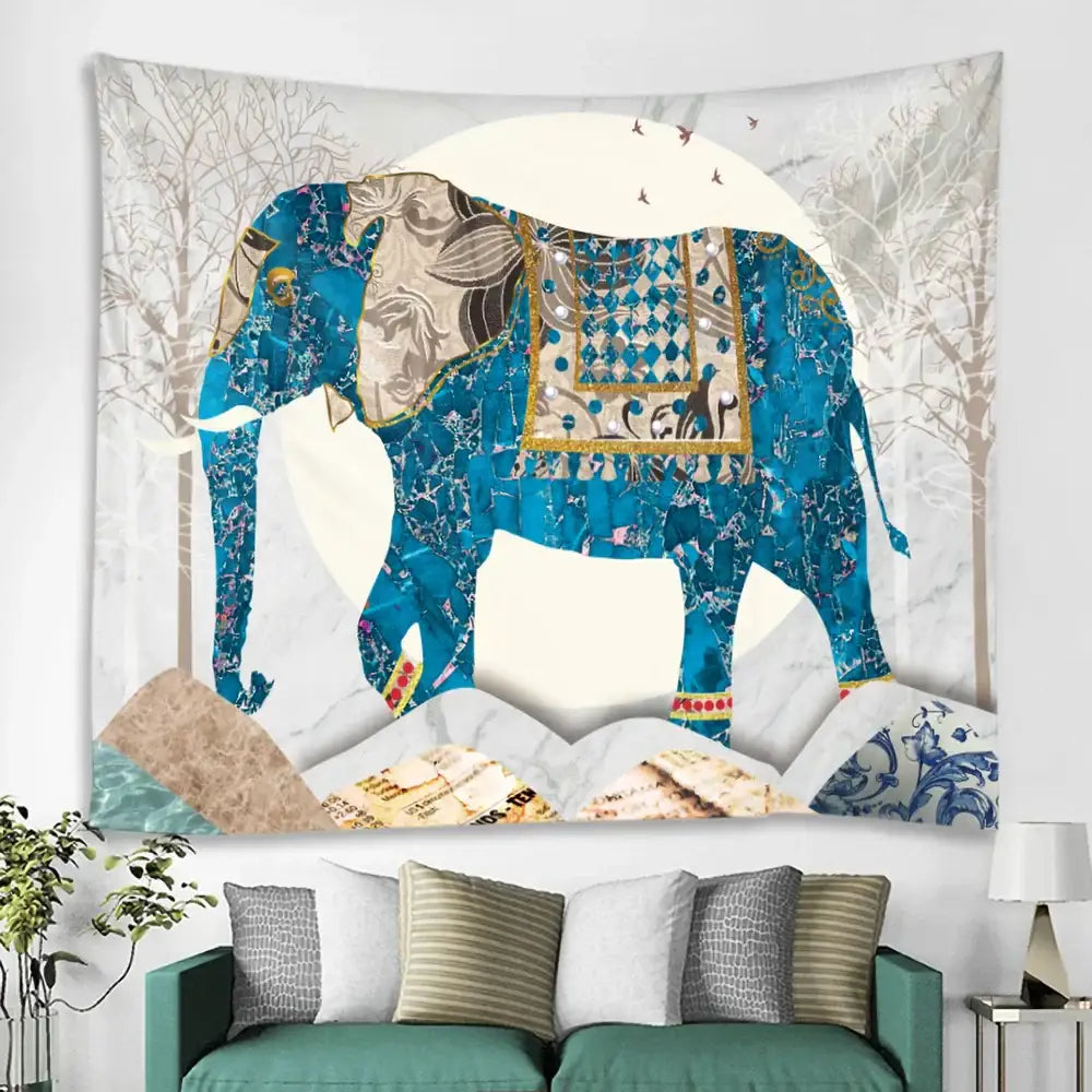 A vibrant blue decorbites elephant tarot psychedelic tapestry with intricate gold details for yoga room wall art