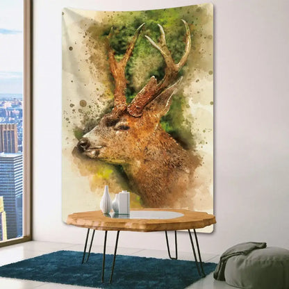Watercolor-style deer tapestry in brown and green hues displayed as decorbites elephant tarot psychedelic wall art