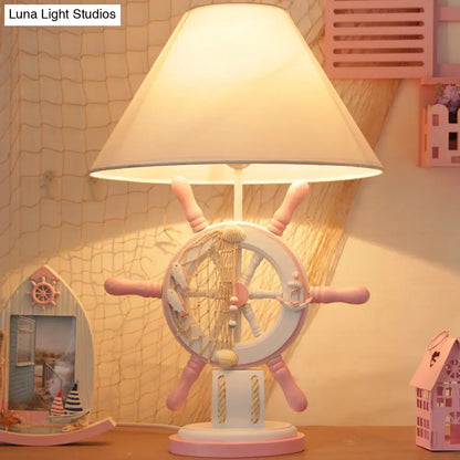 Elisa - Kids Rudder Resin Task Light Children Single Head Pink/Green Desk Lamp with Barrel White Fabric Shade