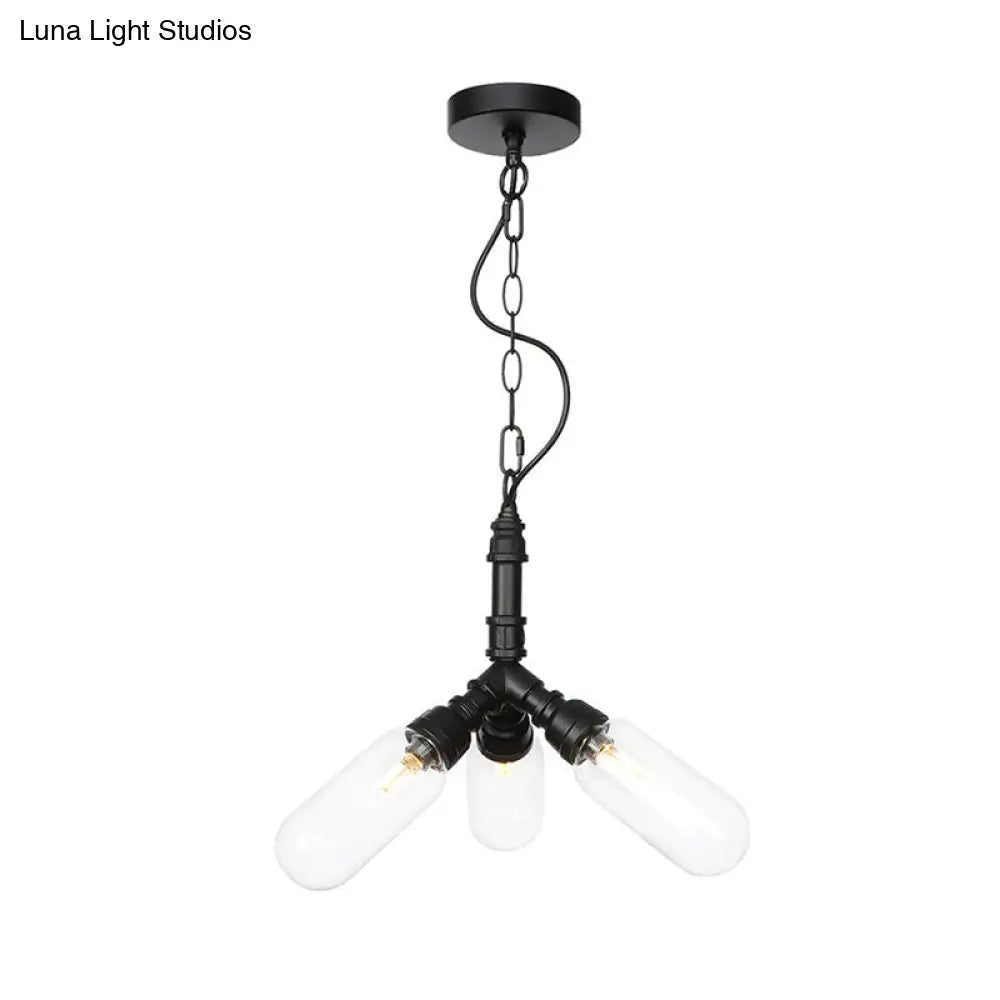 Elisa - Vintage Vintage Water Pipe Chandelier Pendant Light 2/3/4-Light Iron LED Hanging Ceiling Lamp in Black with Capsule Clear Glass Shade