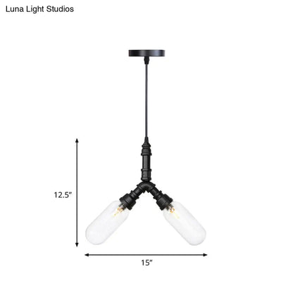 Elisa - Vintage Vintage Water Pipe Chandelier Pendant Light 2/3/4-Light Iron LED Hanging Ceiling Lamp in Black with Capsule Clear Glass Shade